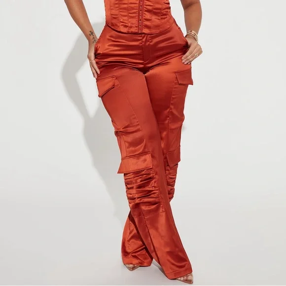 Strapless Satin Cargo Jumpsuit in Rust - Picture 5 of 5